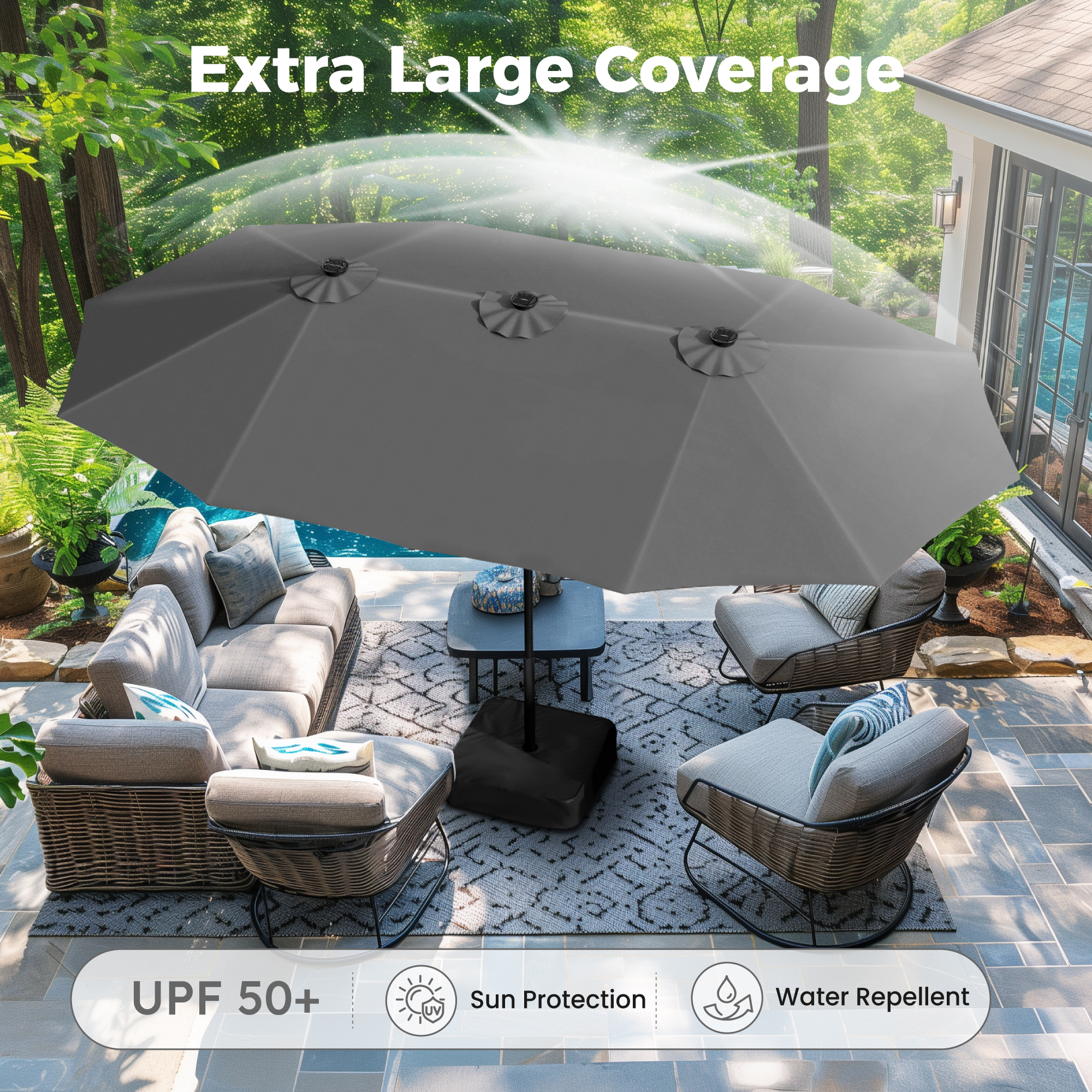 large patio umbrella with base Summit Living 15ft Double-Sided Outdoor Table Umbrella Red deshaun watson autographed football poolside and so on COLOR:COGNAC 6.5ft Square Tilting Cobalt