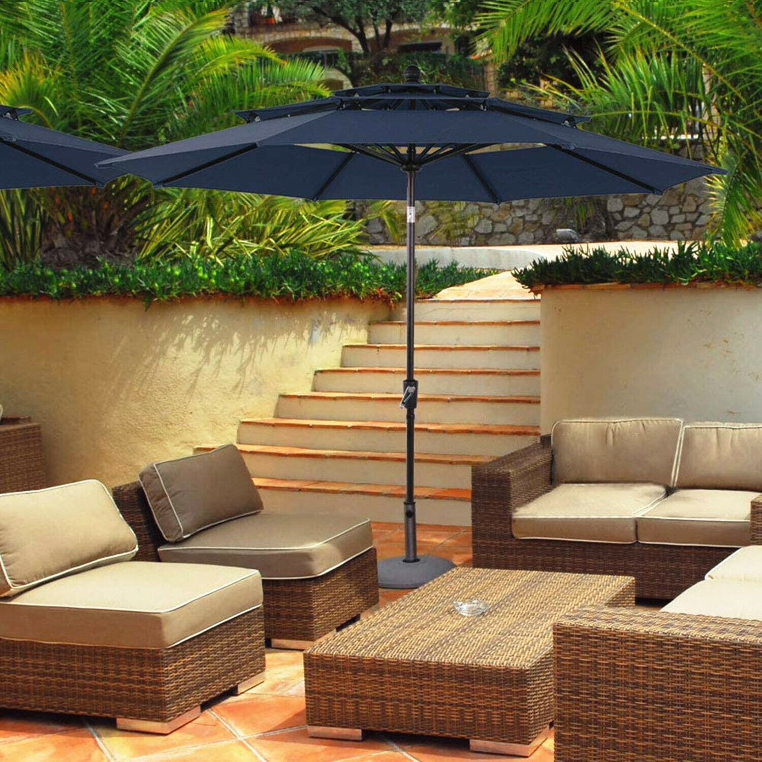 10FT Outdoor Umbrella with Crank Auto-tilt 3 Tier Patio 10FT Outdoor Umbrella with Crank Auto-tilt 3 Tier Patio