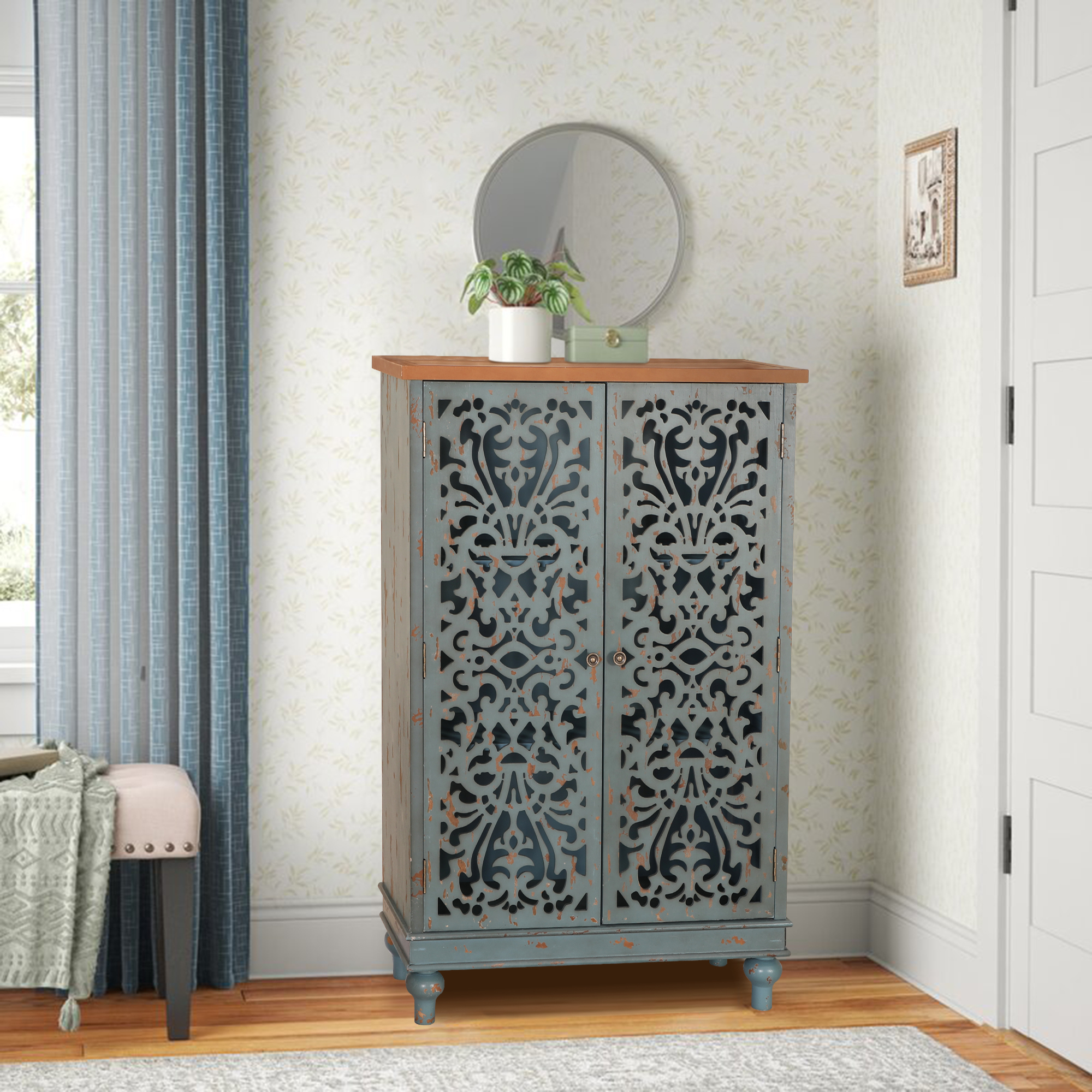 PHI VILLA Storage Cabinet with Baskets, Farmhouse Accent Cabinet Narrow  Cabinet with Shelves for Bathroom Entryway Rattan Cabinet with Drawer End